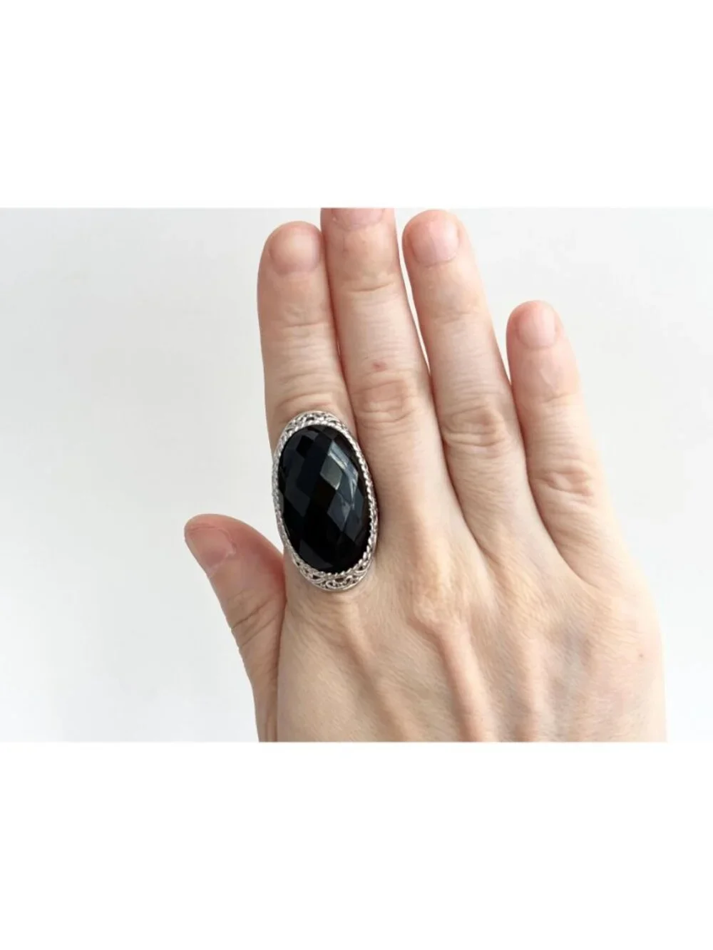 Black Onyx Faceted Stone Thai Made Sterling Silver 925 Vintage Ring - sz 8.75